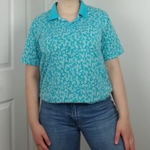 Vintage 90s Blue Daisies Short Sleeve Polo Tee - L